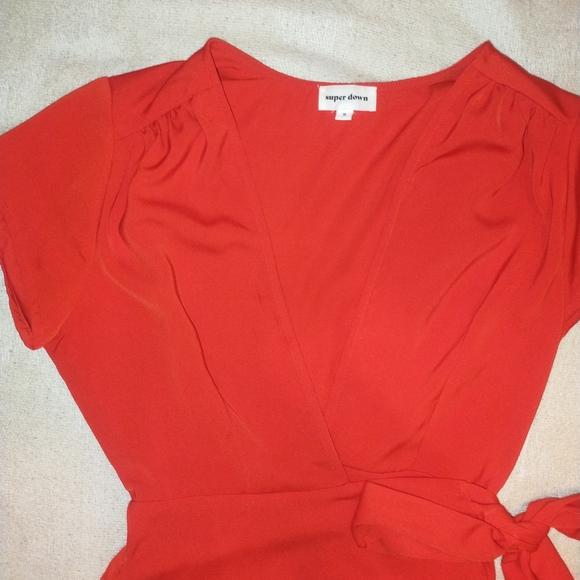 superdown Red Short Sleeve Wrap Mini Dress with Side Tie - Picture 2 of 3